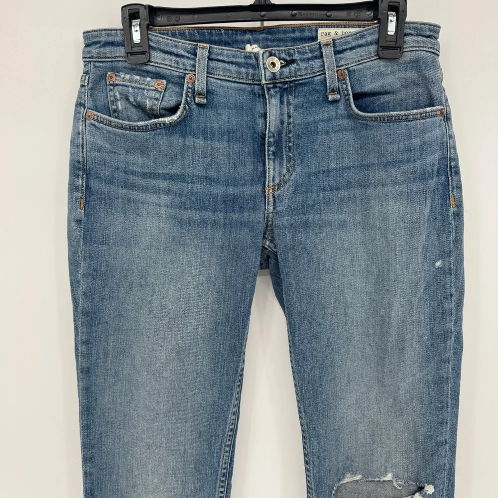 Rag & Bone Dre Low Rise Slim Boyfriend‎ Jeans Distressed Frayed Hem Blue Size 27
